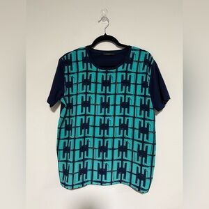 COS Navy & Teal Blue Geometric Print Short Sleeve Top Size Medium